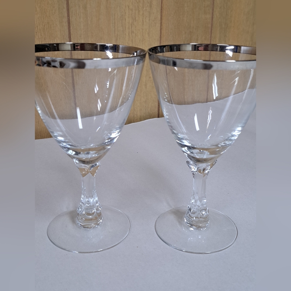 2 MCM Fostoria Wedding Ring Crystal Water Goblet Silver Platinum Trim 6 1/2"